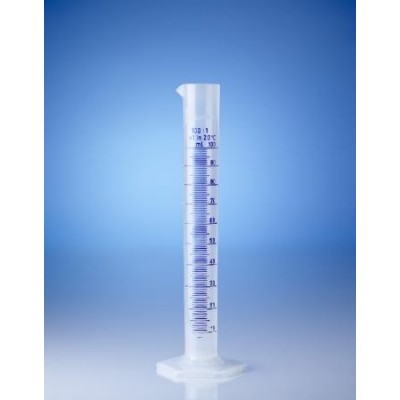 Цилиндр мерный высокий прозрачный, 500 мл, с 6-гранным основанием, пластиковый PP, класс B, с синей рельефной градуировкой (651081) (Vitlab)